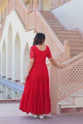 Red color faux georgette beads embroidery and ceremonial wear gown 3