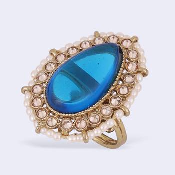 Splendid oval shape center blue stone gold plated adjustable finger ring for women 3