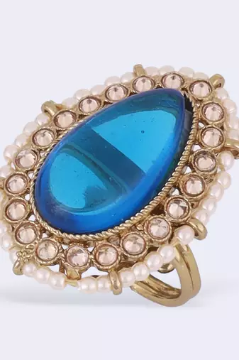 Splendid oval shape center blue stone gold plated adjustable finger ring for women