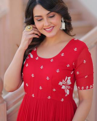 Red color faux georgette beads embroidery and ceremonial wear gown 4