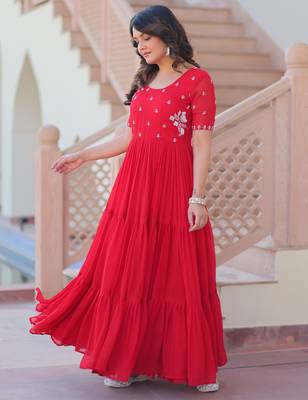 Red color faux georgette beads embroidery and ceremonial wear gown 5