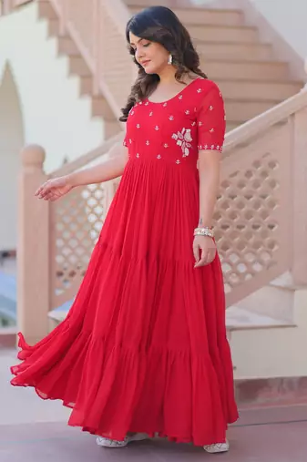 Red color faux georgette beads embroidery and ceremonial wear gown