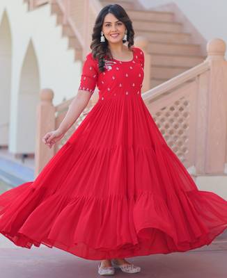 Red color faux georgette beads embroidery and ceremonial wear gown 6
