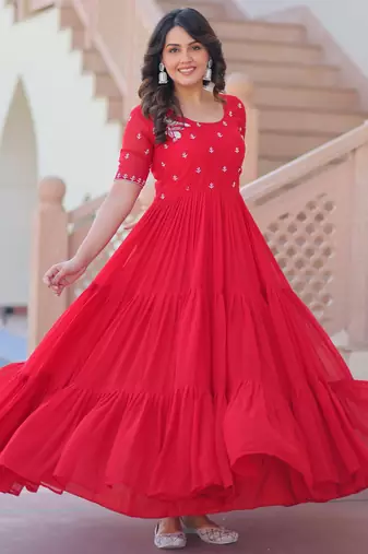 Red color faux georgette beads embroidery and ceremonial wear gown