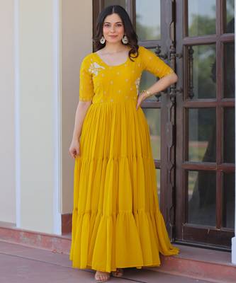 Yellow color faux georgette beads embroidery and ceremonial wear gown 1