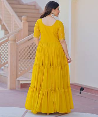 Yellow color faux georgette beads embroidery and ceremonial wear gown 3