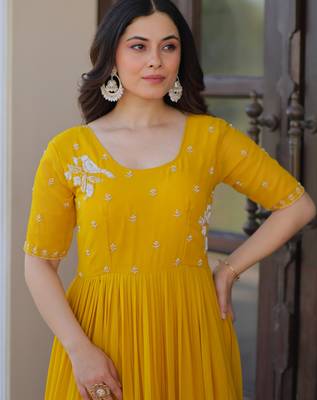 Yellow color faux georgette beads embroidery and ceremonial wear gown 4