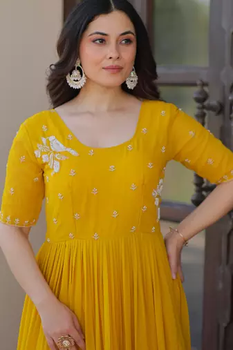 Yellow color faux georgette beads embroidery and ceremonial wear gown