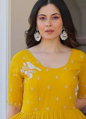 Yellow color faux georgette beads embroidery and ceremonial wear gown 5