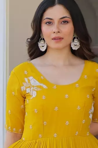 Yellow color faux georgette beads embroidery and ceremonial wear gown