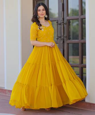 Yellow color faux georgette beads embroidery and ceremonial wear gown 6