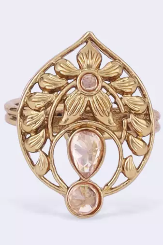 Superb flower and oval shape gold plated adjustable finger ring for women