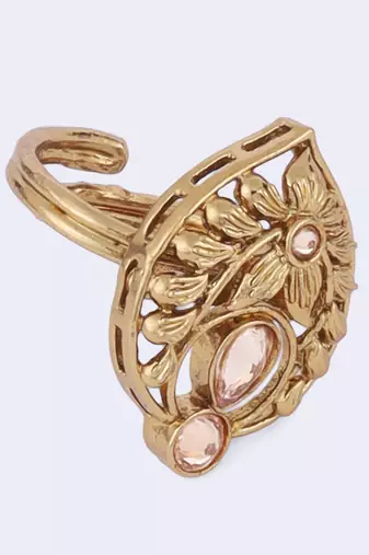 Superb flower and oval shape gold plated adjustable finger ring for women