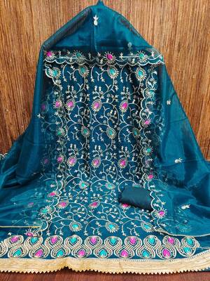 Women's teal embroidered dress material 3