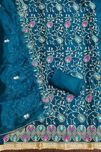 Women's teal embroidered dress material