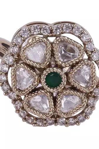 gold plated round & triangle stone adjustable ring for women