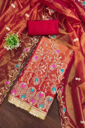 Women's rust embroidered dress material