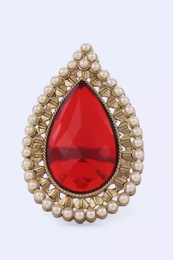 Inspired oval shape center red stone gold plated adjustable finger ring for women