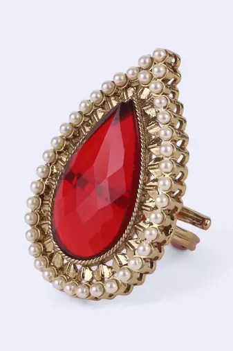 Inspired oval shape center red stone gold plated adjustable finger ring for women