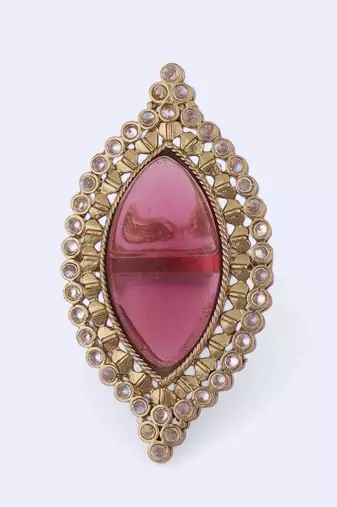 Lavish oval shape center pink stone gold plated adjustable finger ring for women
