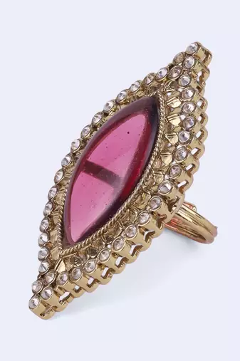 Lavish oval shape center pink stone gold plated adjustable finger ring for women