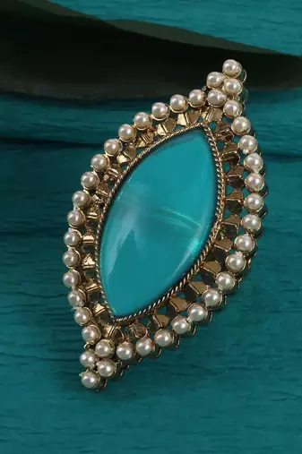 Lovely oval shape center sky blue stone gold plated adjustable finger ring for women