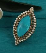 Lovely oval shape center sky blue stone gold plated adjustable finger ring for women