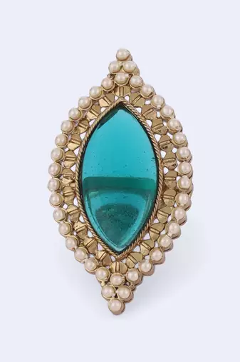 Lovely oval shape center sky blue stone gold plated adjustable finger ring for women