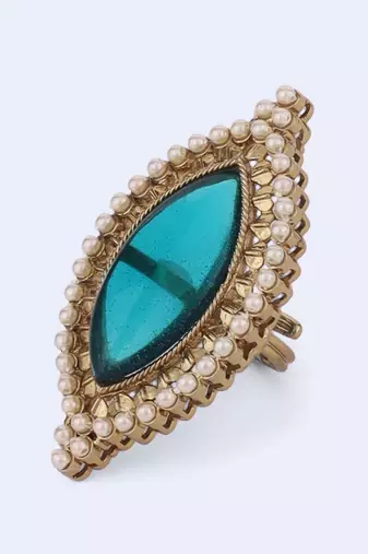 Lovely oval shape center sky blue stone gold plated adjustable finger ring for women