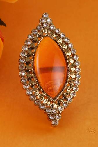 Glamorous oval shape center orange stone gold plated adjustable finger ring for women
