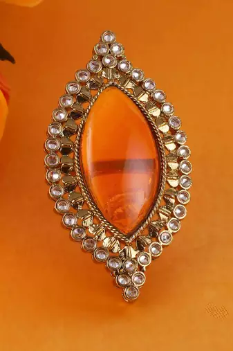 Glamorous oval shape center orange stone gold plated adjustable finger ring for women