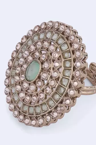 Glimmery round shape gold plated adjustable finger ring for women