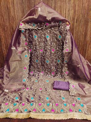 Women's lavender embroidered dress material 3