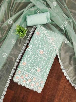 Women's sea green embroidered dress material 2