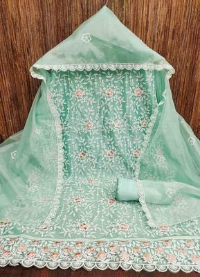 Women's sea green embroidered dress material 3