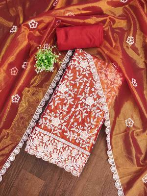 Women's rust embroidered dress material 1