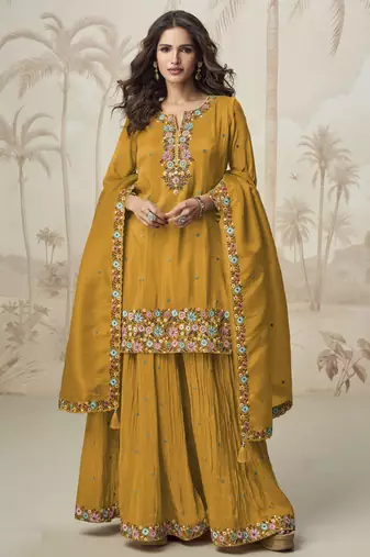 Mustard color roman simar fabric heavy embroidered palazzo dress