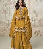 Mustard color roman simar fabric heavy embroidered palazzo dress