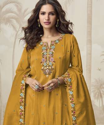 Mustard color roman simar fabric heavy embroidered palazzo dress 2