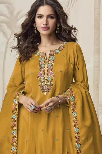 Mustard color roman simar fabric heavy embroidered palazzo dress