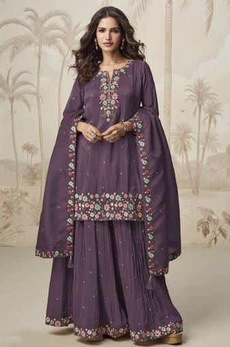 Wine color roman simar fabric heavy embroidered palazzo dress