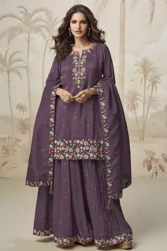 Wine color roman simar fabric heavy embroidered palazzo dress