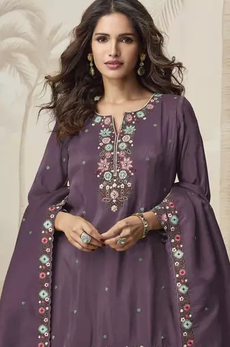 Wine color roman simar fabric heavy embroidered palazzo dress