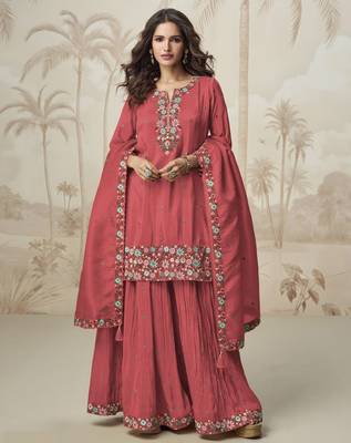 Pink color roman simar fabric heavy embroidered palazzo dress 1