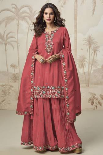 Pink color roman simar fabric heavy embroidered palazzo dress