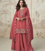 Pink color roman simar fabric heavy embroidered palazzo dress