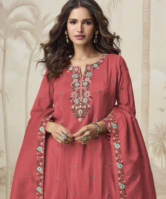 Pink color roman simar fabric heavy embroidered palazzo dress 2