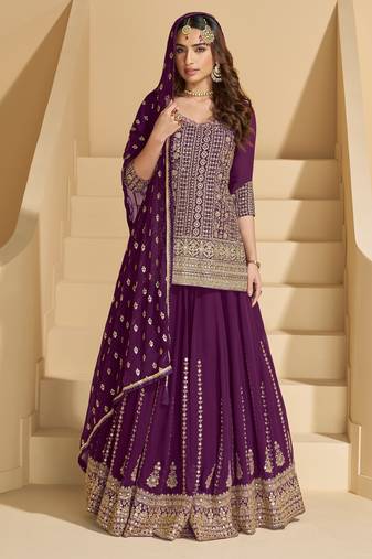 Purple color ethnic georgette fabric heavy wedding reception wear ghaghra suit