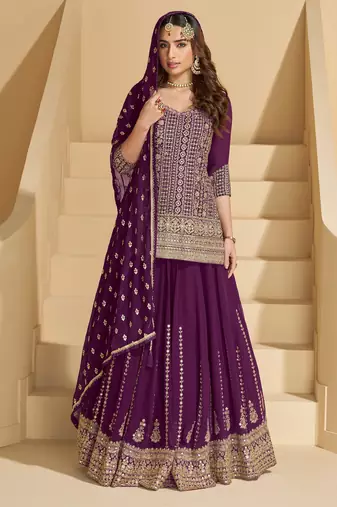 Purple color ethnic georgette fabric heavy wedding reception wear ghaghra suit
