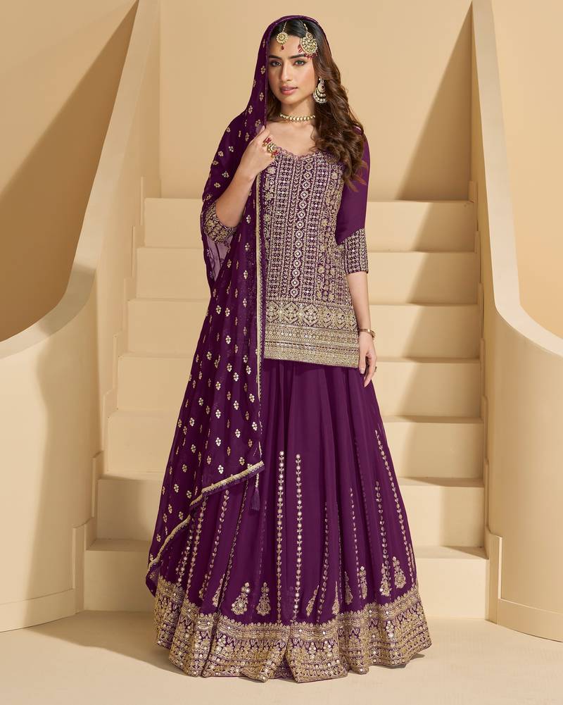 Purple color ethnic georgette fabric heavy wedding reception wear ghaghra suit